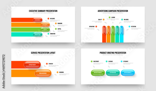 Market Portfolio 4 5 2 3 Element Diagram Slideshow Layout Set. Project Overview Four Five Two Three Option Infographic Slide Design Vector Illustration Collection.