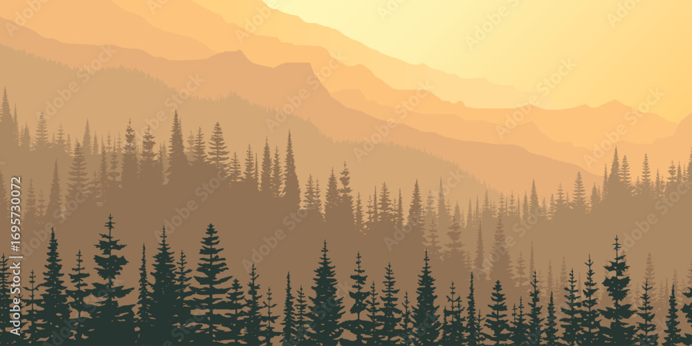 Obraz premium Sunrise in the forested mountains, morning fog, bright light