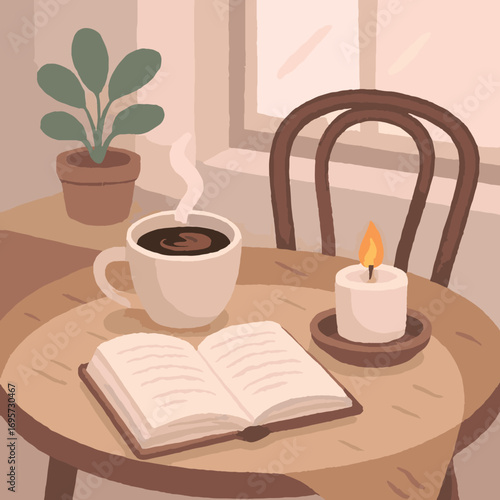  A warm and inviting table setup featuring a cup of coffee, an open book, a lit candle, and a houseplant near a window, creating a serene and comfortable ambiance.