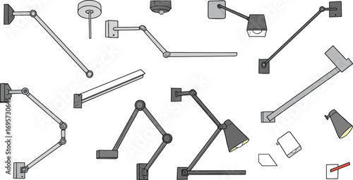 Wall lamp, ceiling lamp, modern light fixture, adjustable lamp, interior lighting, architectural element, furniture decor, cad drawing flat vector illustration