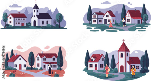a quaint village scene with houses church and people