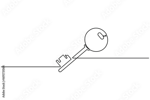 Continuous line art of a key with label icon for security and access concept