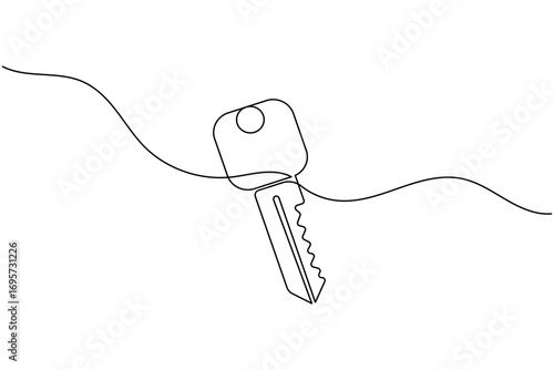 Continuous line art of a key with label icon for security and access concept