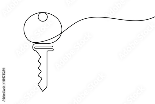 Continuous line art of a key with label icon for security and access concept