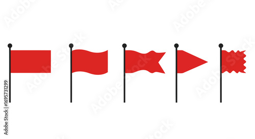 Collection of five red flags waving in the wind against a black background