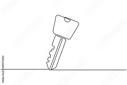 Continuous line art of a key with label icon for security and access concept