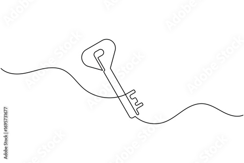 Continuous line art of a key with label icon for security and access concept