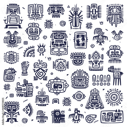 Maya Civilization Symbols and Primitive Traditional Sign Vector Set