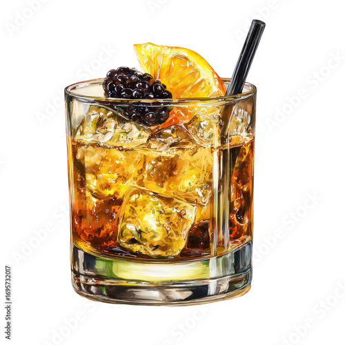 Old Fashioned Cocktail with Orange and Blackberry Garnish