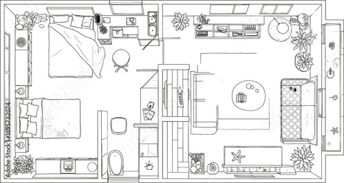 Apartment floor plan, modern interior design, living room, bedroom, kitchen layout, architectural blueprint, home furniture arrangement, cad drawing flat vector illustration