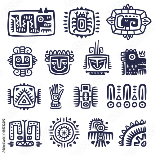 Maya Civilization Symbols and Primitive Traditional Sign Vector Set