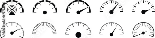 Dashboard speedometer gauge vector illustration with performance dial, control needle, automotive meter, measurement scale and monitoring indicator black silhouette isolated icon set