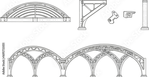 Architectural truss arch structure, metal framework bridge design, structural engineering construction detail, building element support, cad drawing flat vector illustration