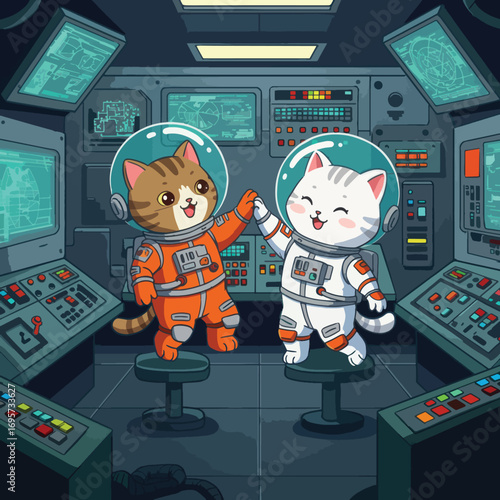 Two cartoon cats in astronaut suits highfive in a spaceships control room