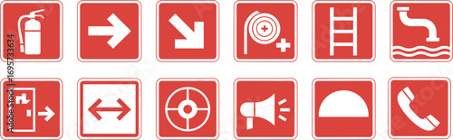 Fire safety emergency sign vector illustration with extinguisher, fire exit, ladder, water pipe, alarm, phone and evacuation direction icons isolated set