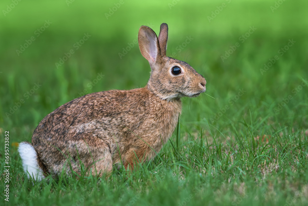 Fototapeta premium Cottontail bunny rabbit munching grass and showing the white fluffy tail