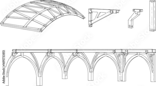 "Architectural structure, metal truss, arch design, construction framework, engineering drawing, building element, structural support system, cad drawing flat vector illustration"