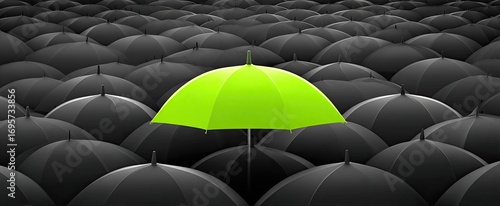 A single bright green umbrella amidst a sea of dark gray/black umbrellas