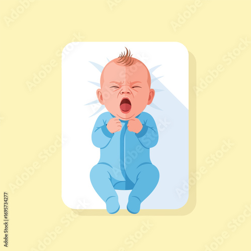 Baby lying on a surface,  with an expression of distress.