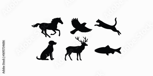 Print    Animal silhouette collection – running horse, flying bird, jumping cat, sitting dog, wild deer with antlers, fish swimming – clean black vector shapes isolated on white