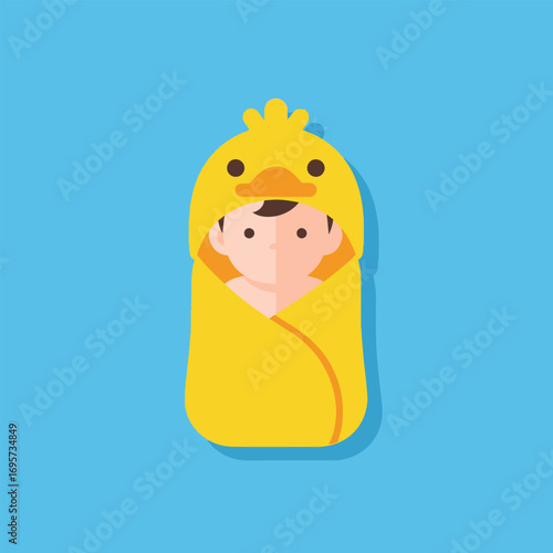 A baby wrapped in a yellow duck-themed hooded towel against a blue background.