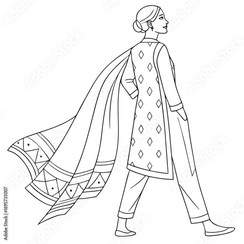 Woman in salwar kameez with dupatta walking