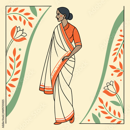 Woman in a saree with orange accents and floral design