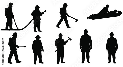 firefighters in action silhouettes various poses and activities