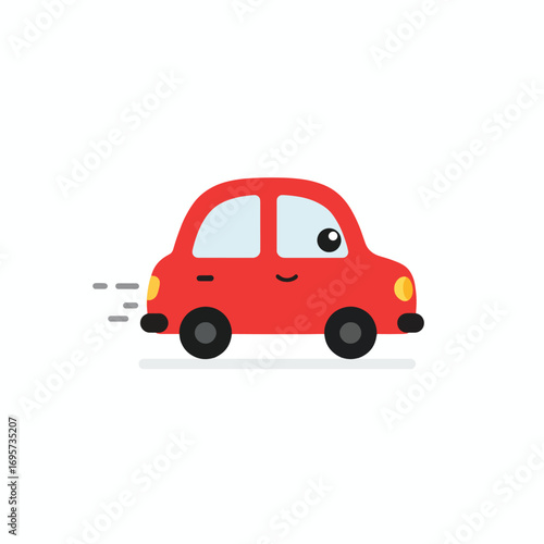 A red cartoon car with a smiling face and motion lines