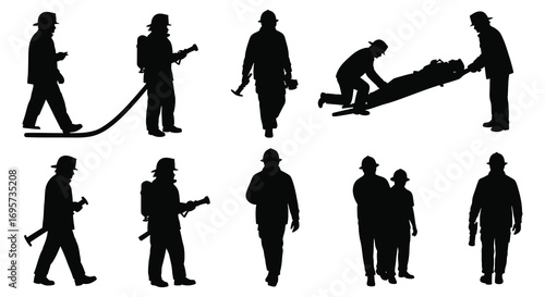 firefighters in action silhouettes performing various rescue tasks