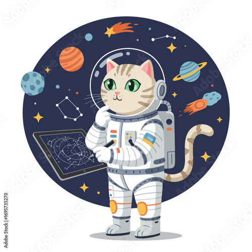 Cat astronaut in space holding a tablet with constellations