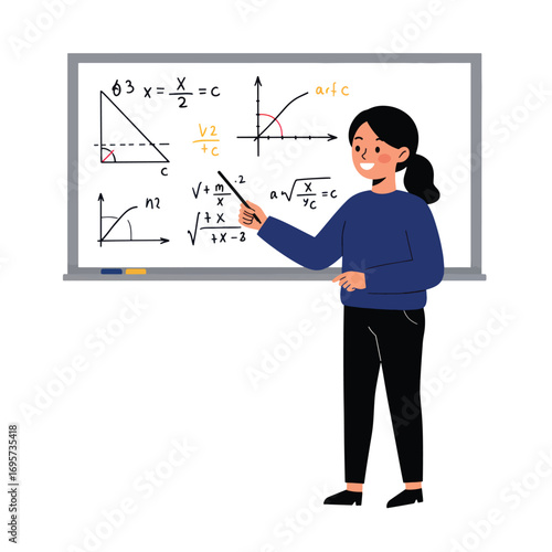 A female teacher points to math equations on a whiteboard