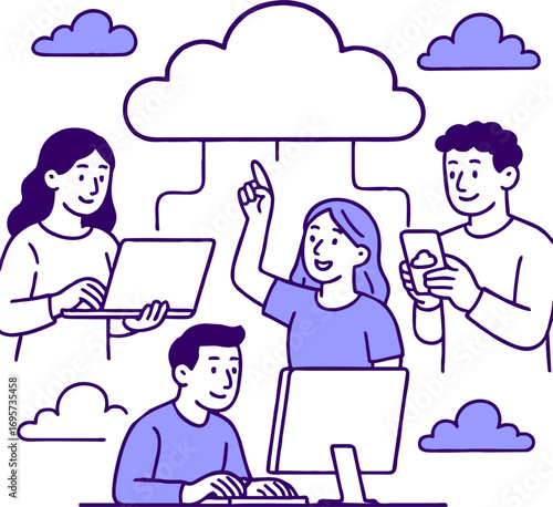 Cloud technology. People storing data on cloud server. Concept of cloud computing, online database, web hosting, web data center. Vector illustration for web banner, infographics, mobile app