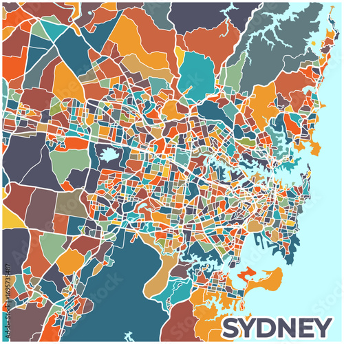 Sydney, Australia: A vibrant and detailed map showcasing the iconic cityscape with its iconic blue harbor and lush green parks, rendered in a stunning palette of orange, teal, and muted greens.