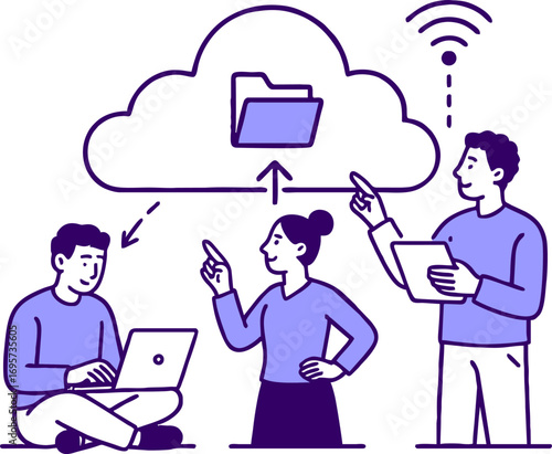Cloud technology. People storing data on cloud server. Concept of cloud computing, online database, web hosting, web data center. Vector illustration for web banner, infographics, mobile app
