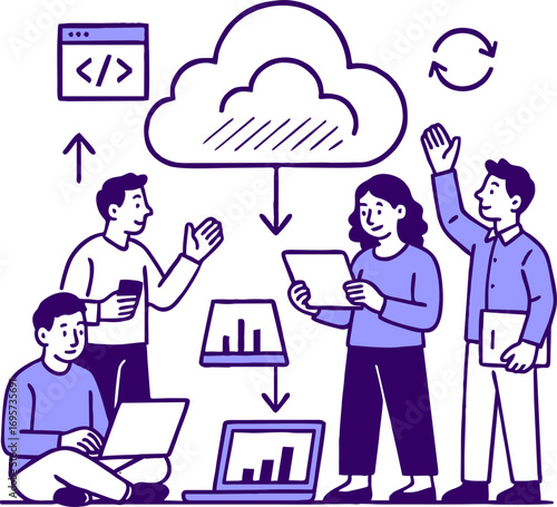 Cloud technology. People storing data on cloud server. Concept of cloud computing, online database, web hosting, web data center. Vector illustration for web banner, infographics, mobile app
