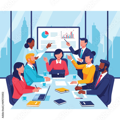 Diverse business team engaged in a collaborative meeting, presenting data and ideas around a large interactive display.