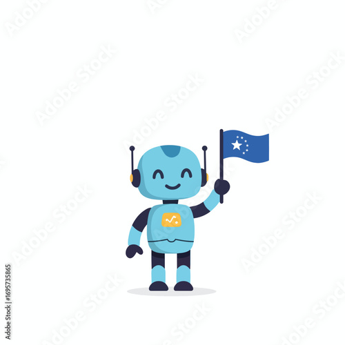 Blue robot holding a flag with stars