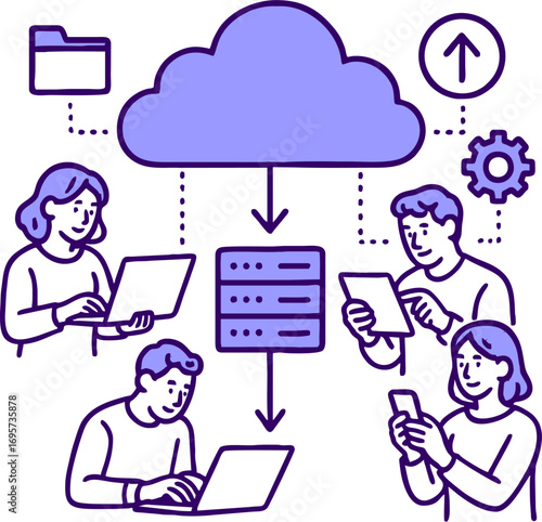 Cloud technology. People storing data on cloud server. Concept of cloud computing, online database, web hosting, web data center. Vector illustration for web banner, infographics, mobile app