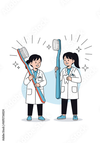 Two young dentists demonstrate proper dental hygiene techniques with giant toothbrushes