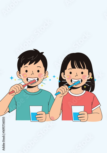 Children learn good oral hygiene by brushing their teeth every morning and night