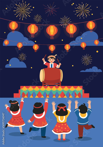 Children enjoying traditional japanese festival with drumming and fireworks display