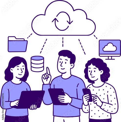 Cloud technology. People storing data on cloud server. Concept of cloud computing, online database, web hosting, web data center. Vector illustration for web banner, infographics, mobile app