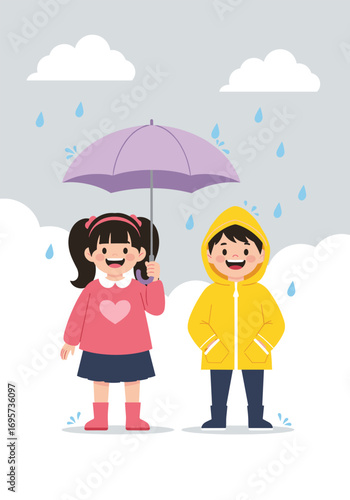 Two happy children enjoying rainy weather outdoors under an umbrella and raincoat