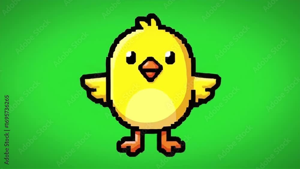 Pixelated Cartoon Baby Chick Standing on Bright Green Background with Outstretched Wings Pixelated Cartoon Baby Chick Standing on Bright Green Background with Outstretched Wings