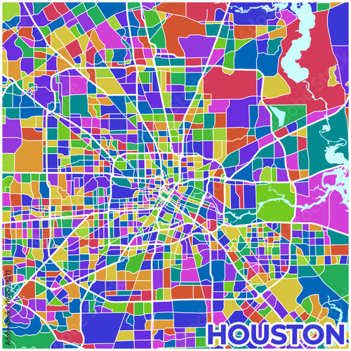 Houston, Texas, USA: A vibrant and detailed cityscape illustration showcasing the city's iconic grid layout in shades of blue, purple, green, yellow, orange, and red.