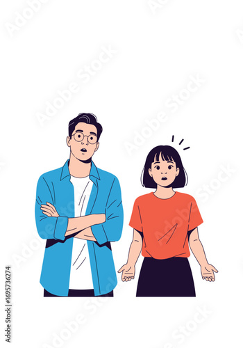 Confused young couple expressing surprise and doubt with questioning gestures