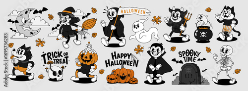 Halloween characters. Retro groovy holiday mascot. Comic spooky ghost, pumpkin, witch, skeleton, vampire, monster, devil, and werewolf. Funky night party. Vector set