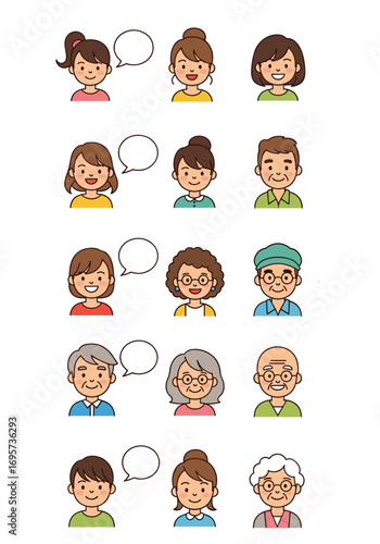 Collection of diverse people portraits expressing various emotions through speech bubbles