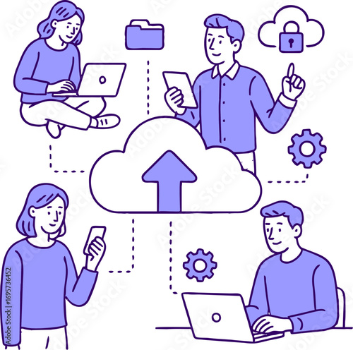 Cloud technology. People storing data on cloud server. Concept of cloud computing, online database, web hosting, web data center. Vector illustration for web banner, infographics, mobile app
